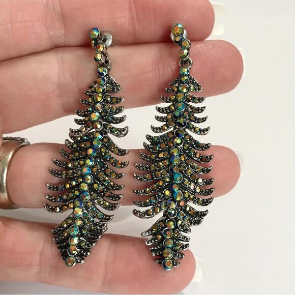 Silver Tone Articulated AB Blue Rhinestone Dangle Feather Earrings Pierced Long - Picture 1 of 9